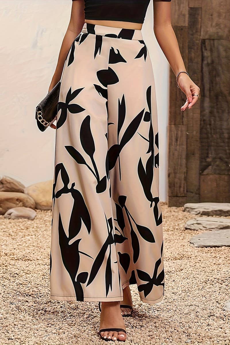CWBLP1124_LEAF PRINT HIGH WAIST WIDE LEG CASUAL PANTS