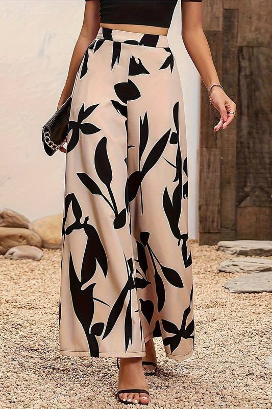CWBLP1124_LEAF PRINT HIGH WAIST WIDE LEG CASUAL PANTS