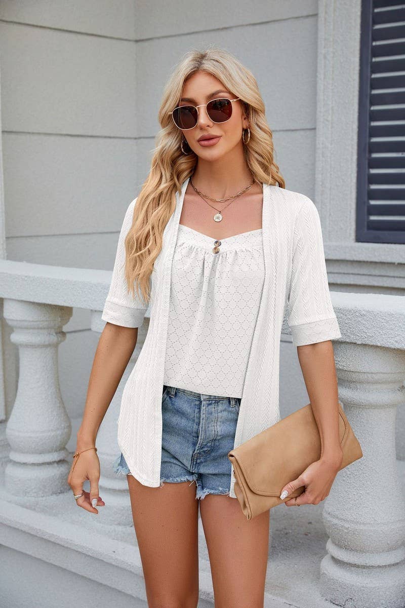 CWTTS0820_Short Sleeve Tops Fake Two Pieces Pullover Blouse