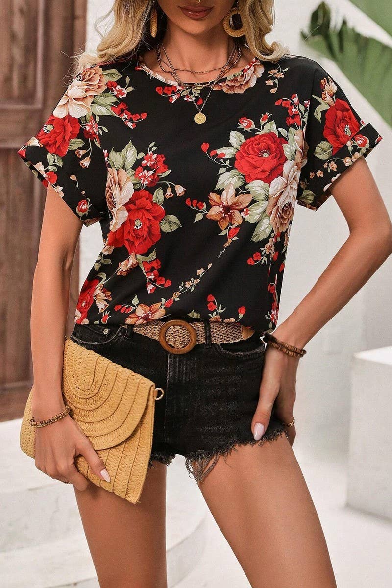 CWTTS1380_SUMMER FASHION PRINTED U-NECK SHORT SLEEVE TOP