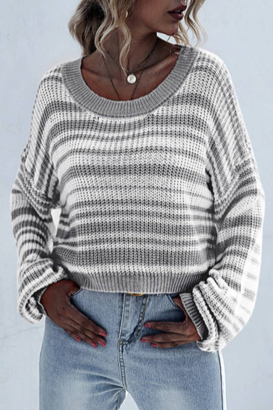 CWOSWL6575_FALL CREW-NECK STRIPED LONG-SLEEVED SWEATER