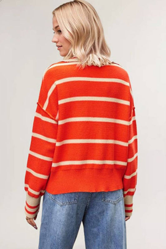 CWOSWL6738_LONG-SLEEVED V-NECK SWEATER WITH LOOSE STRIPES