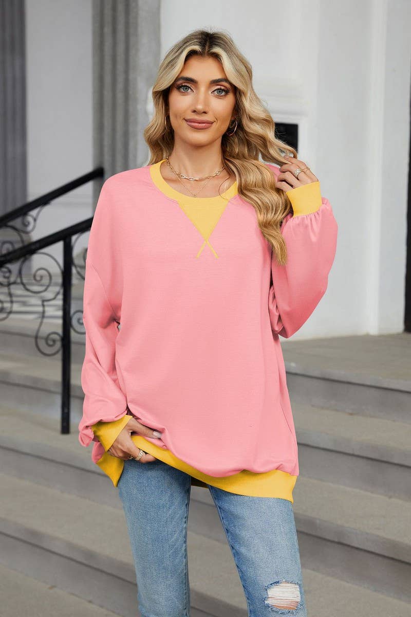 CWTBLL3743_AUTUMN AND WINTER CONTRAST COLOR LOOSE SWEATSHIRT