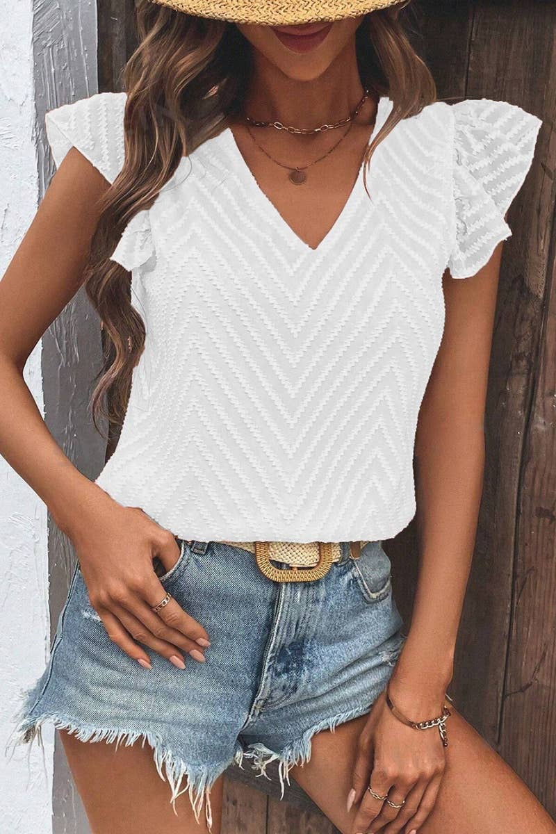 CWTBLSL0246_WOMEN'S CHIFFON V-NECK JACQUARD SLEEVELESS TOP