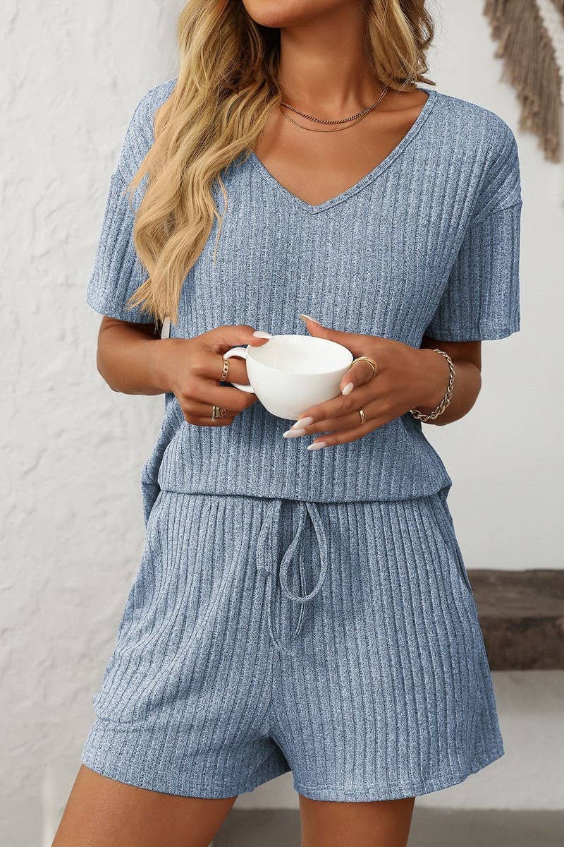 CWSTB1663_SOLID COLOR STRIPED SHORT-SLEEVED HOME WEAR SUIT