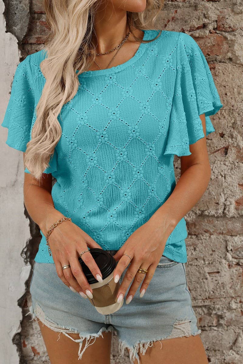 CWTTS1371_SUMMER FLOWER HOLLOW LOTUS SLEEVE CASUAL TOP