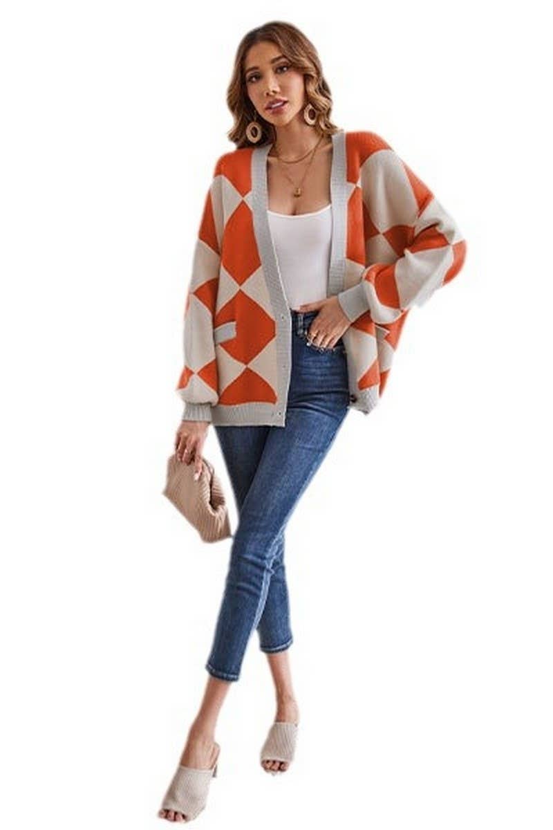 CWOSWL1938_Button Down Sleeve V-Neck Cardigan Sweater