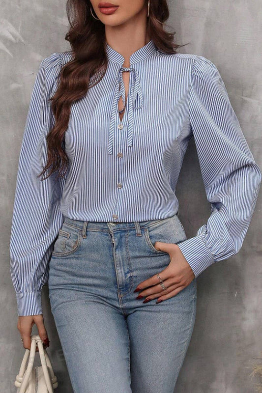 CWTSTL2886_STRIPED V-NECK TIE FRONT BUTTON LONG SLEEVE SHIRT