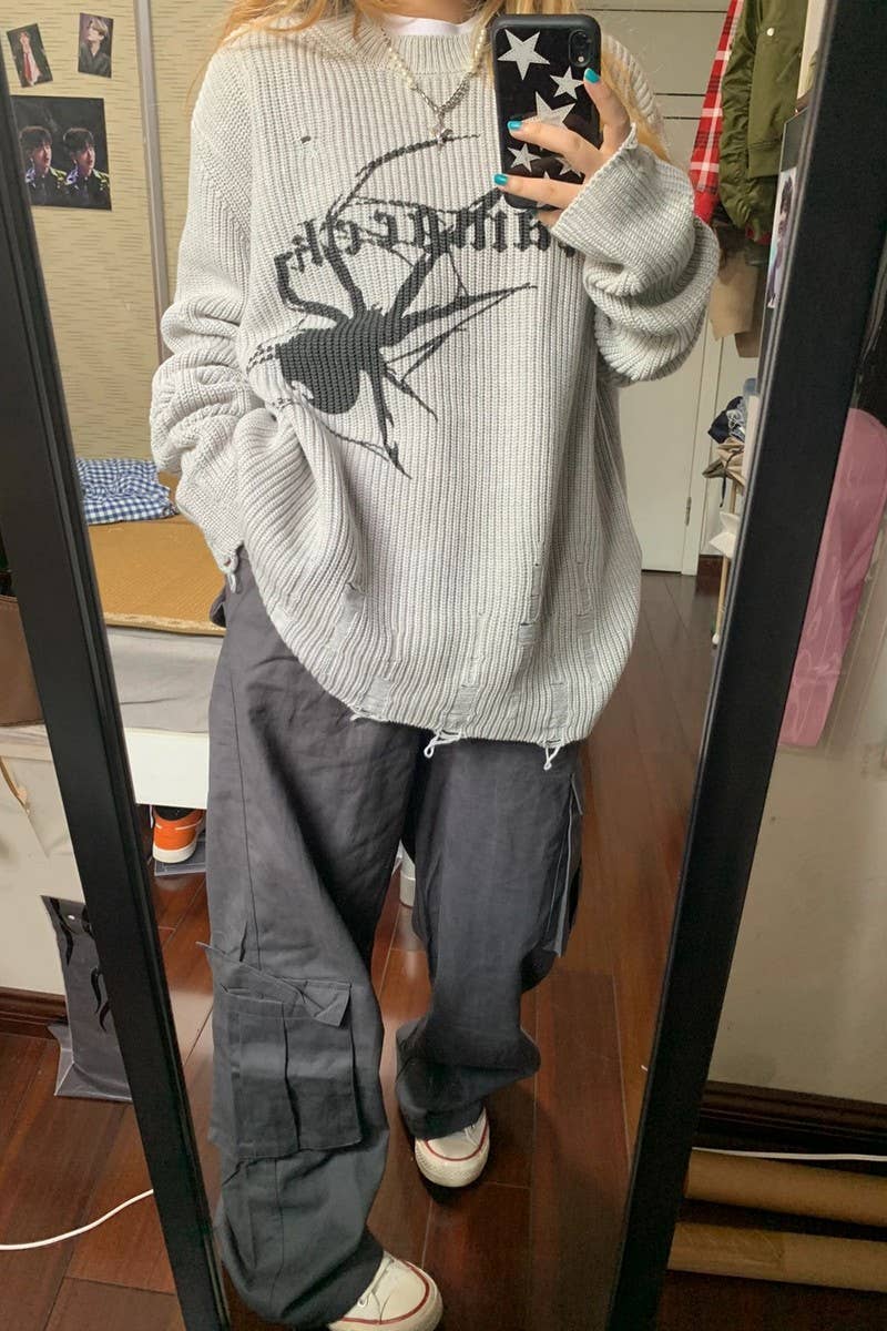 CWOSWL5746_PRINTED LONG SLEEVE CASUAL RIPPED KNIT SWEATER