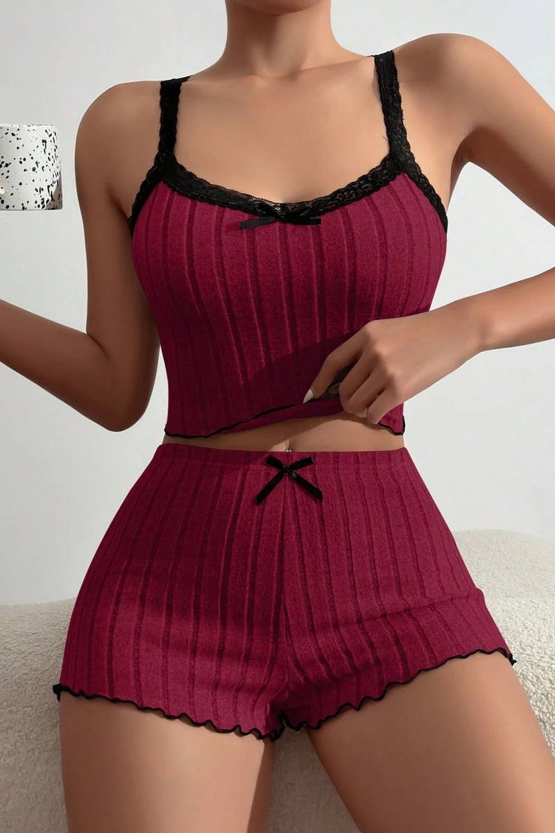 CWSPJ00487_LACE TRIM RIBBED CAMI AND SHORTS LOUNGEWEAR