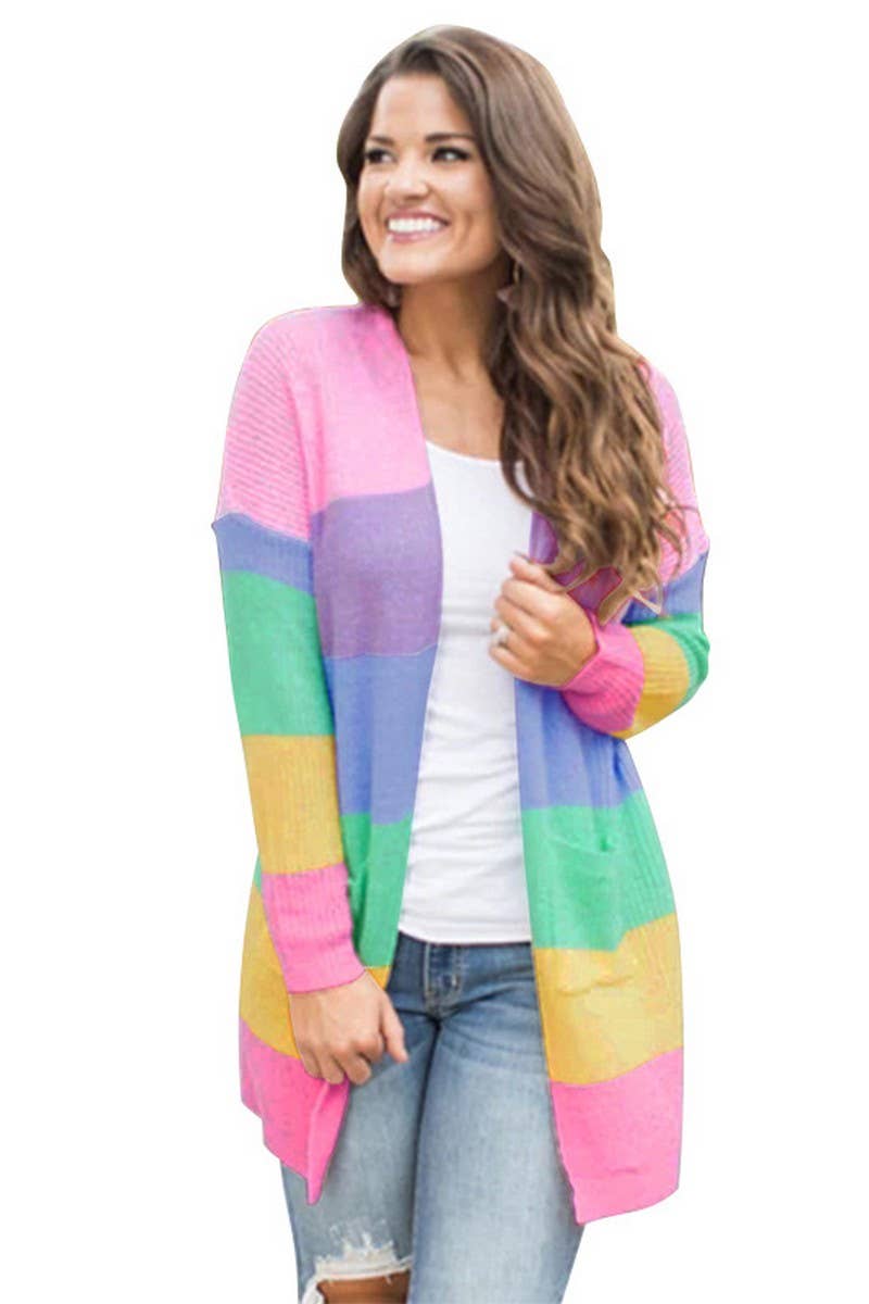 CWOCAL00701_LOOSE COLORBLOCK STRIPED LONG KNIT CARDIGAN