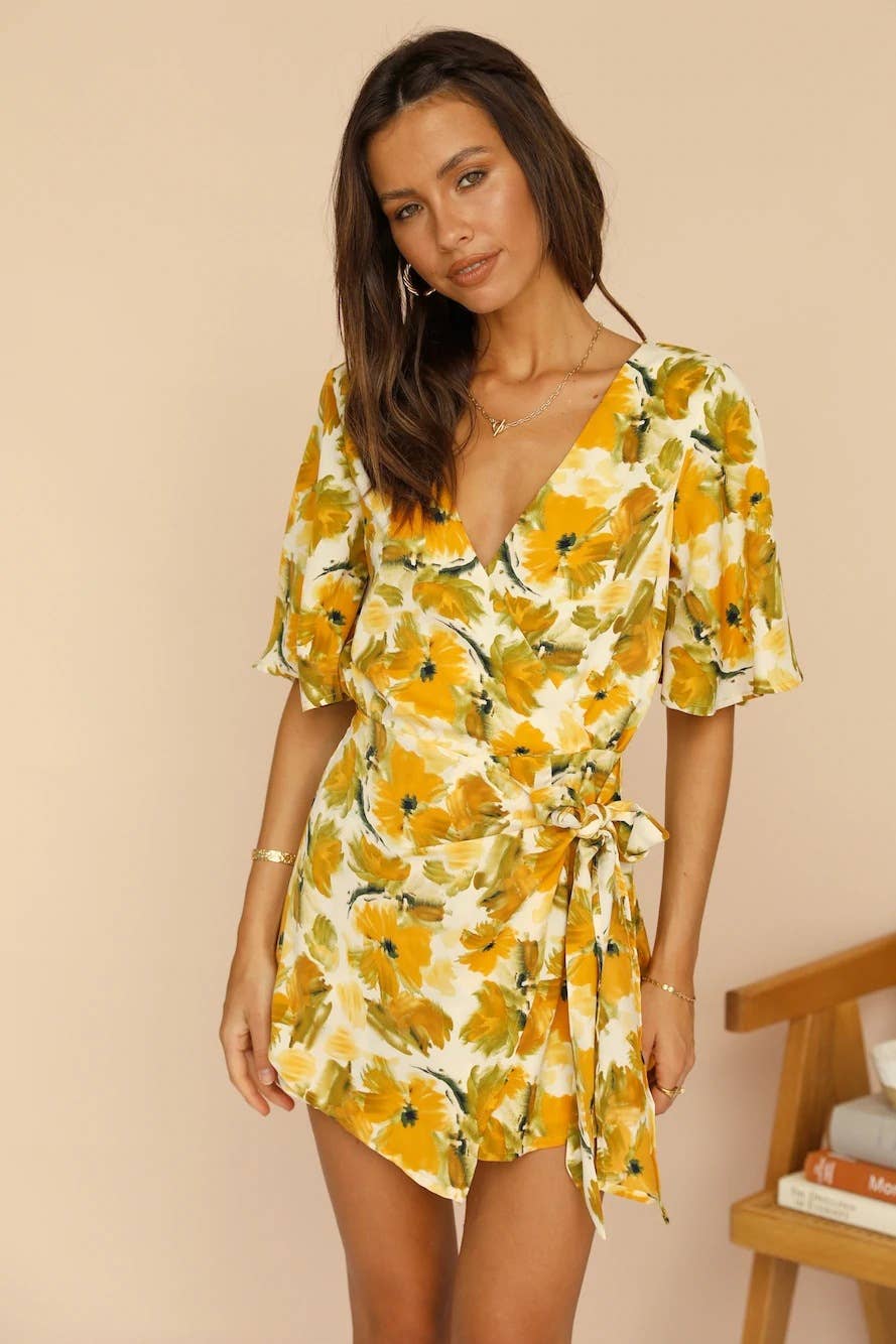 FLORAL LACE-UP JUMPSUITS WITH SPLIT BACKS