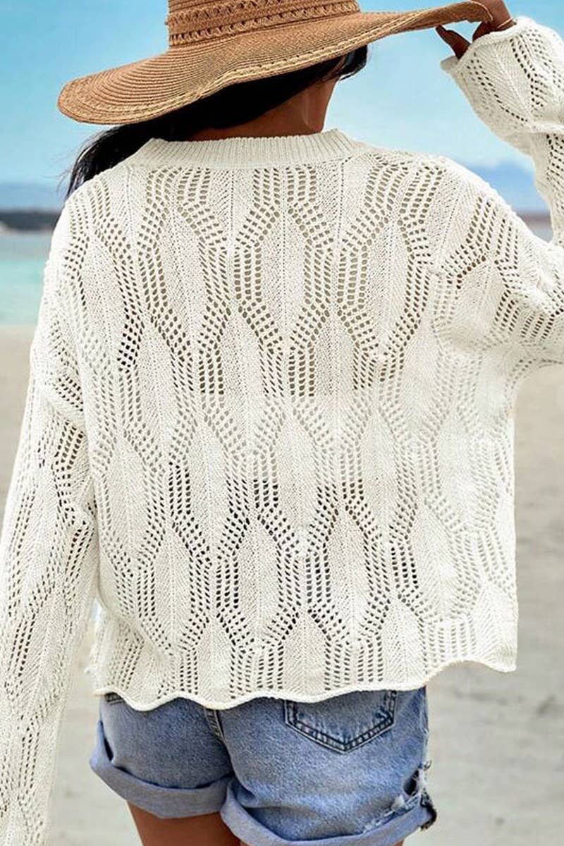 CWTBLL3667_OPEN-KNIT CROCHET LONG-SLEEVED SUN COVER-UP