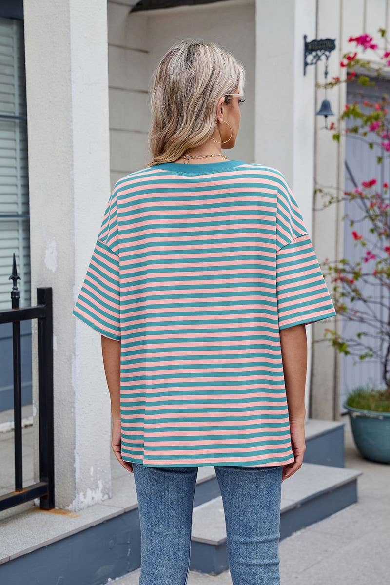 CWTBLS1736_STRIPED CONTRAST LOOSE SHORT-SLEEVED T-SHIRT TOP