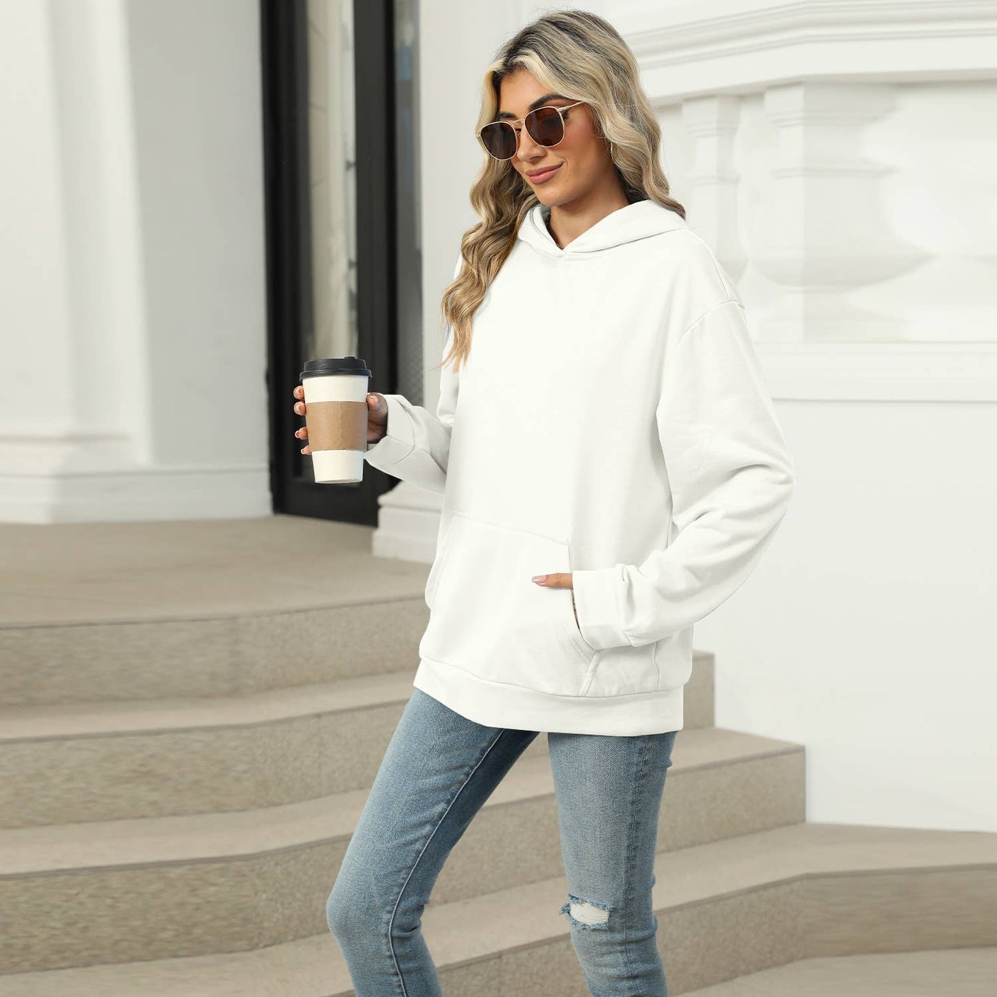 CASUAL HOODED POCKET HOODIE SOLID COLOR TOP