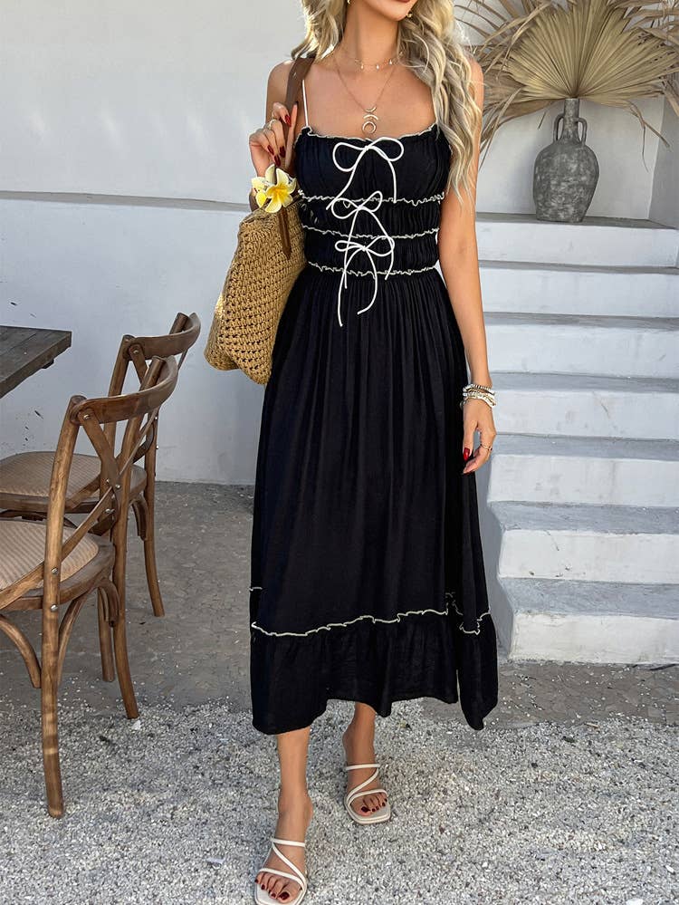 Casual lace patchwork high-waist halter dress