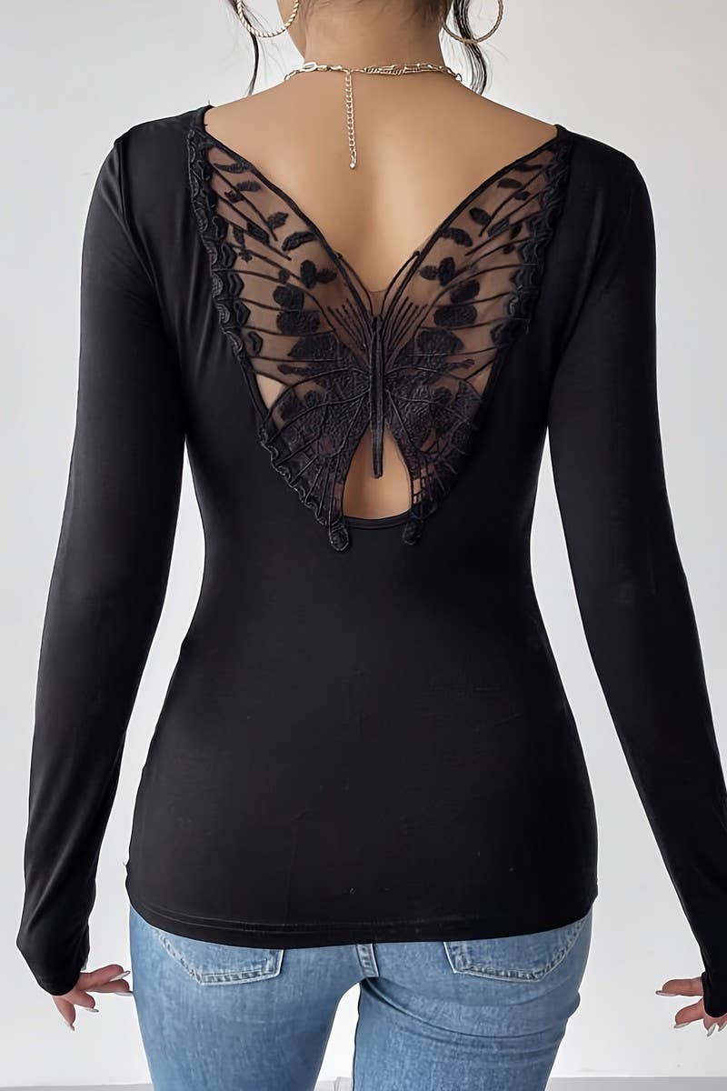 CWTBLL3551_SOLID COLOR BACK HOLLOW BOW LONG SLEEVE TOP