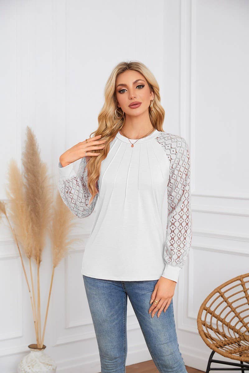CWTBLL4096_LACE PANEL ROUND NECK PLEATED LONG SLEEVE TOP