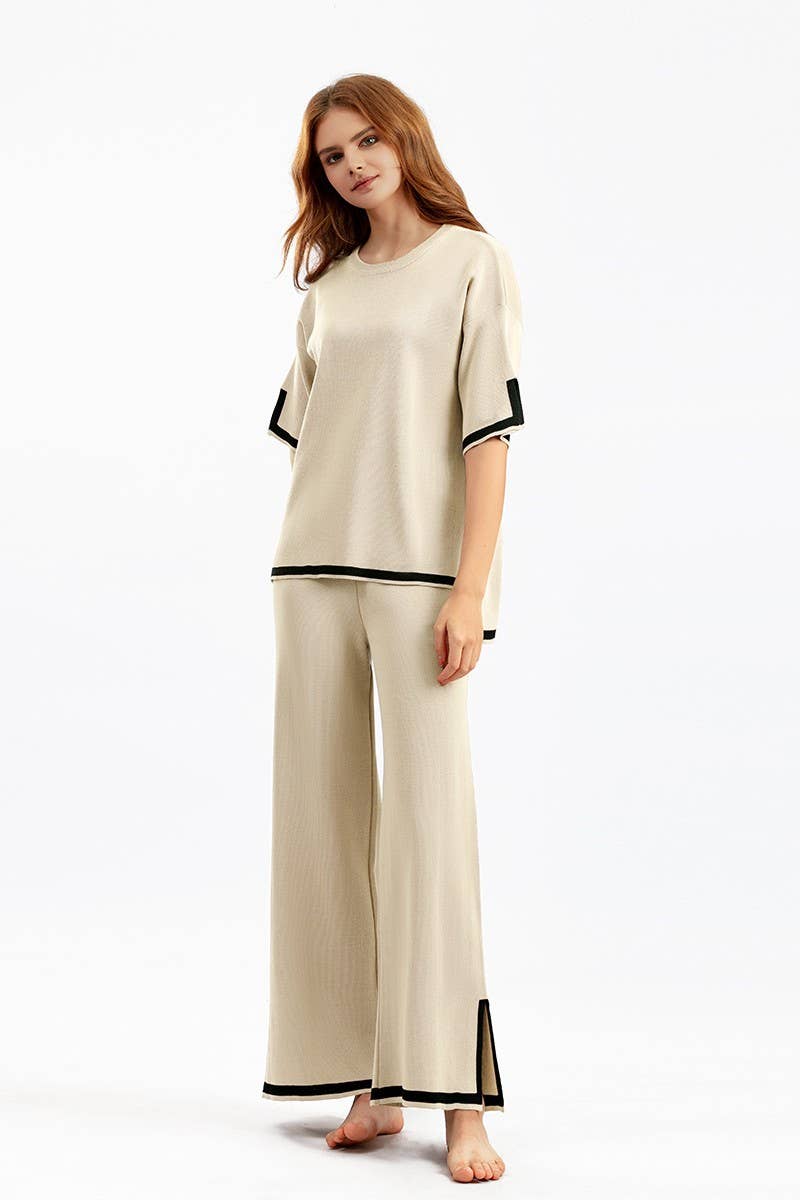 CWSTB00422_COLORBLOCK KNIT TOP & HIGH WAIST WIDE LEG SET