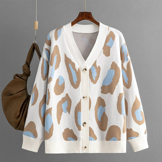 COLORFUL LEOPARD PRINT JACQUARD KNIT CARDIGAN
