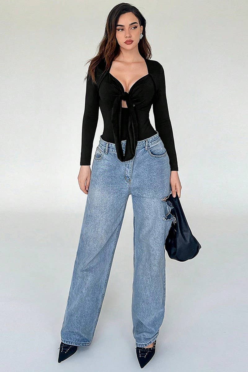 CWSBSL0097_BLACK SLIM LONG SLEEVE LACE-UP BODYSUIT