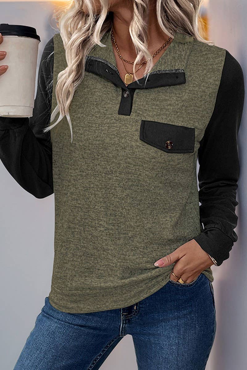 CWTBLL3707_CASUAL PULLOVER LAPEL CONTRAST COLOR SWEATSHIRT