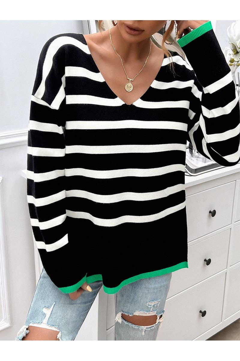 CWOSWL2649_ Loose V-Neck Long Sleeved Pullover Sweater
