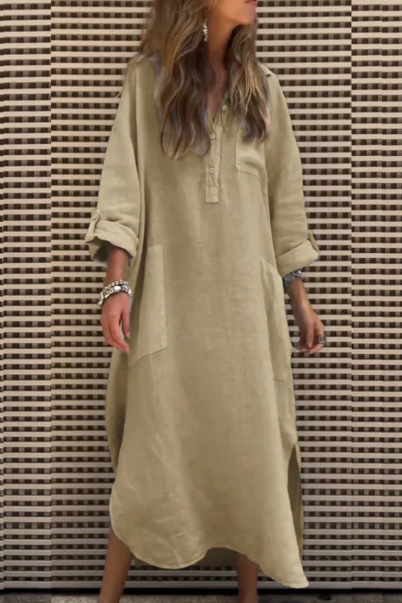 CWDMD6337_SOLID ASYMMETRICAL BUTTONED POCKET MAXI DRESS