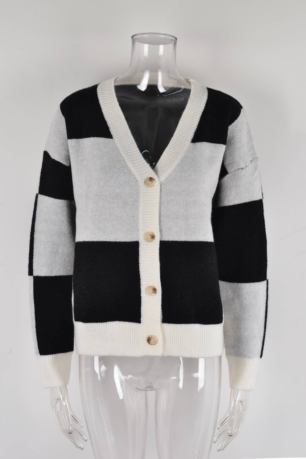CARDIGAN SWEATER PLAID PATCHWORK KNIT COAT