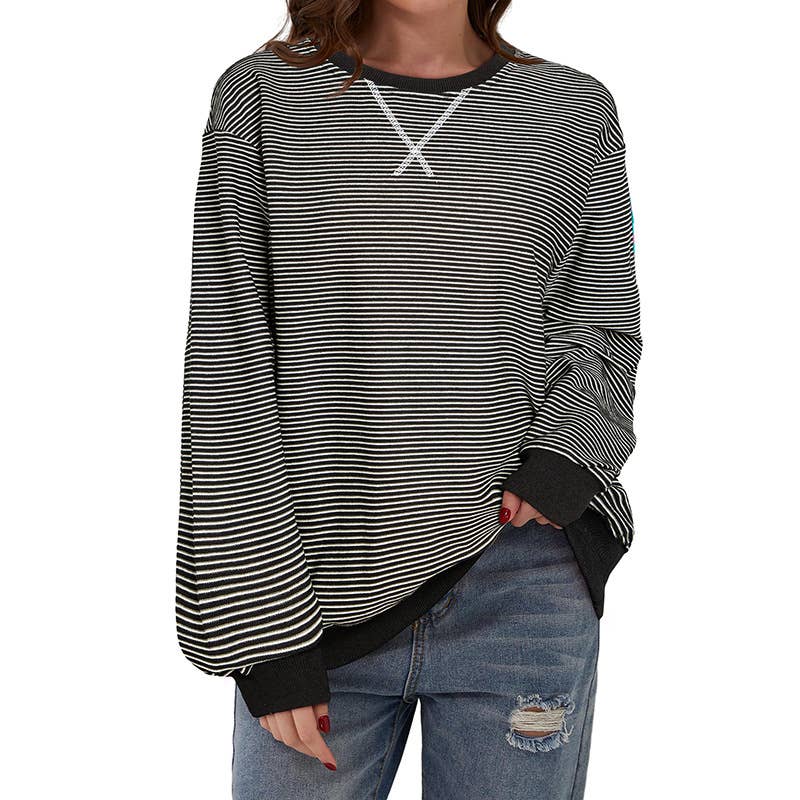 CASUAL COMMUTING LADY STRIPED CREW NECK HOODIE