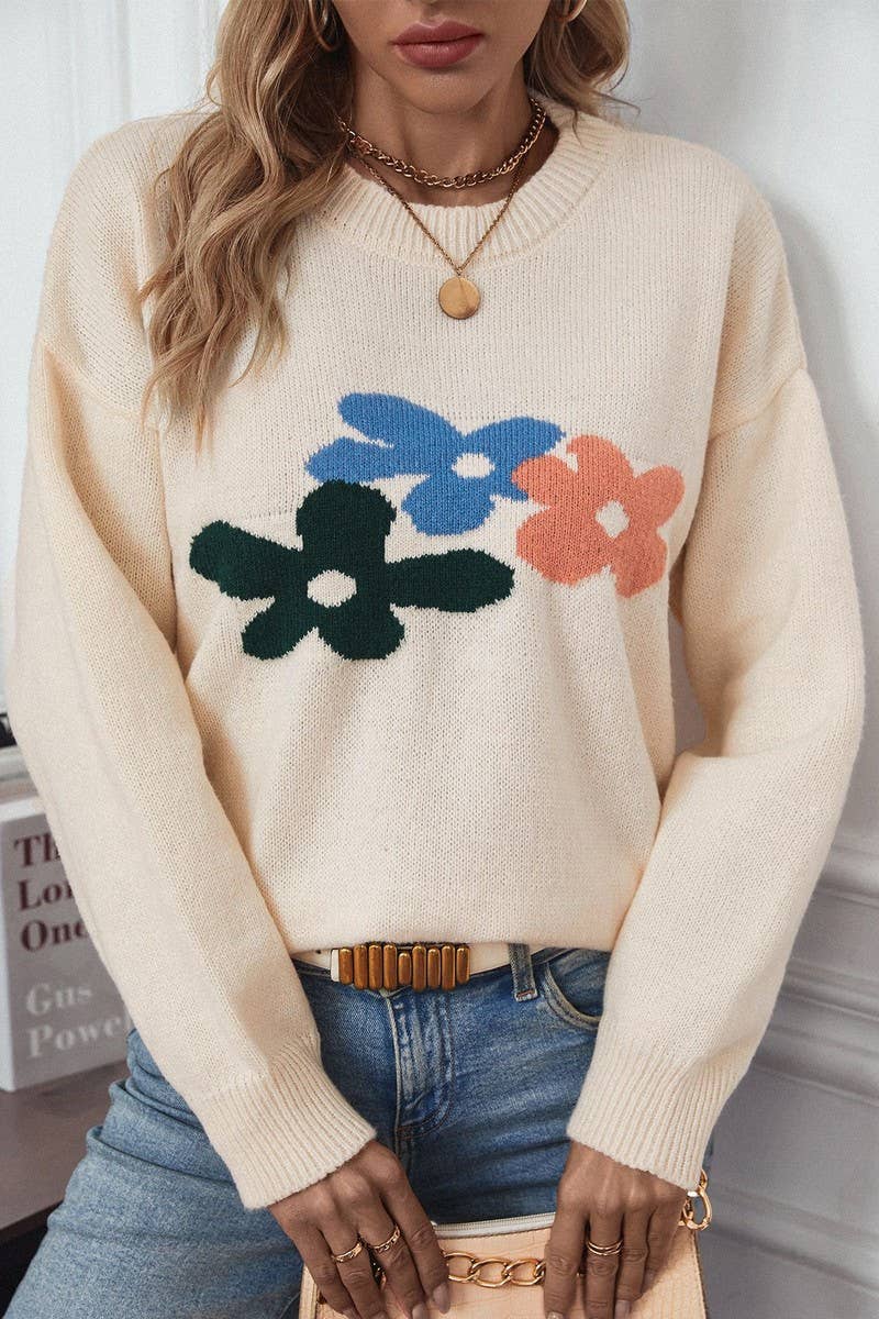 CWOSWL2914_CASUAL FLORAL PRINT CREW NECK KNIT TOP