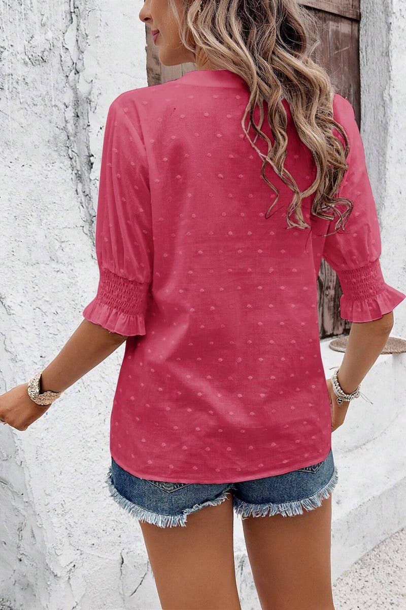 CWTTS1388_V-NECK PUFF SLEEVES HOLLOW POMPOM LACE T-SHIRT