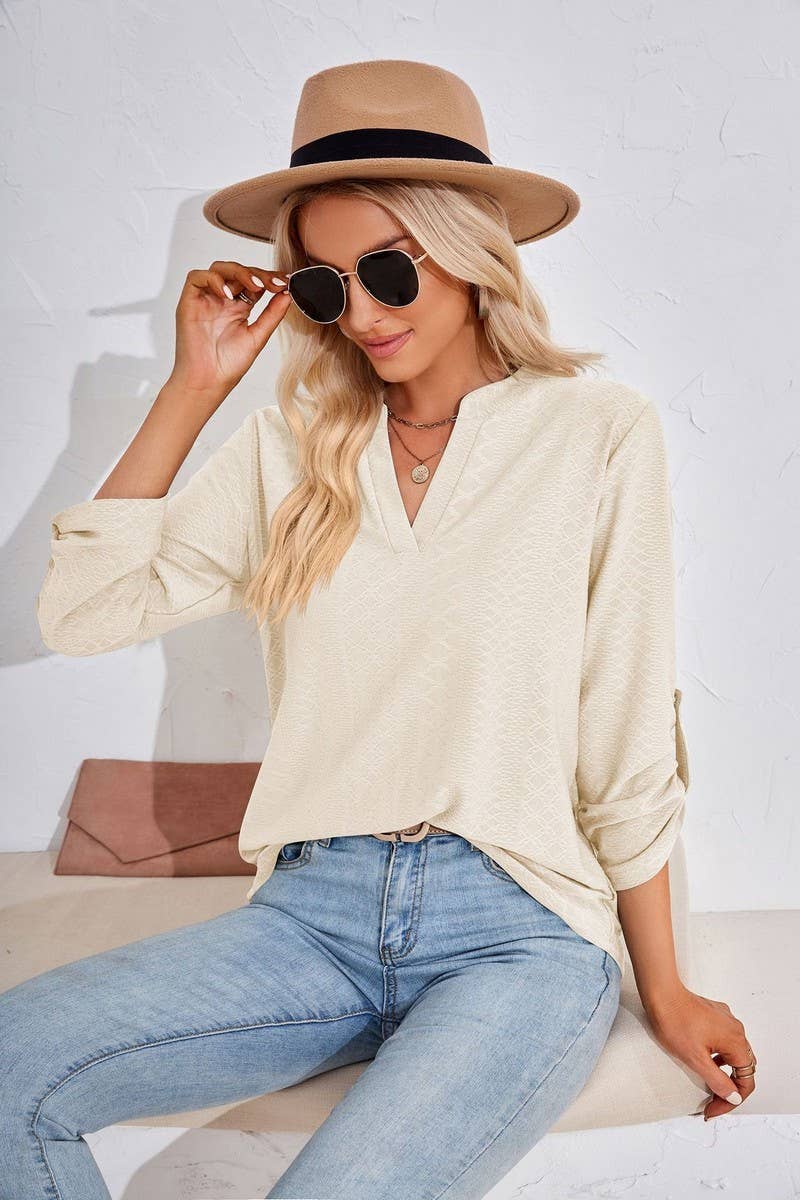 CWTSTL0856_V-neck Pullover Long Sleeve Top