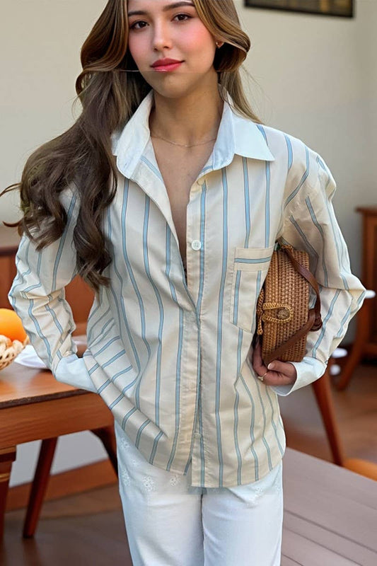 CWTBLL00623_VERTICAL STRIPED CREAM CASUAL LONG-SLEEVED SHIRT