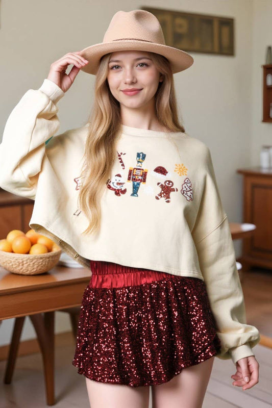 CWTBLL01266_CHRISTMAS SEQUINED CASUAL CROPPED SWEATSHIRT