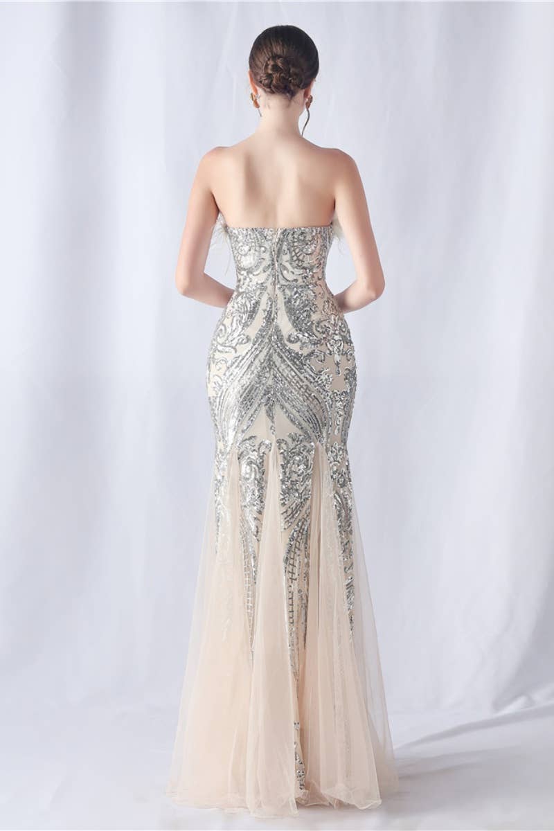 CWDMD3628_FURRY STRAPLESS SEQUIN EVENING DRESS LONG