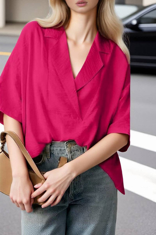 CWTBLS02500_2025SUMMER WOMEN POLO COLLAR SHORT SLEEVE BLOUSE