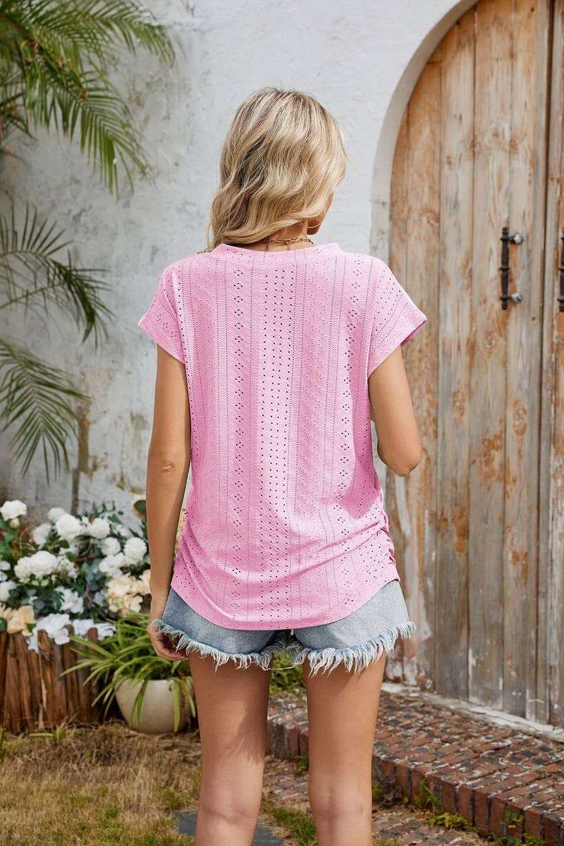 CWTBLS2283_V-NECK RUCHED SIDE POCKET SHORT SLEEVE TEE