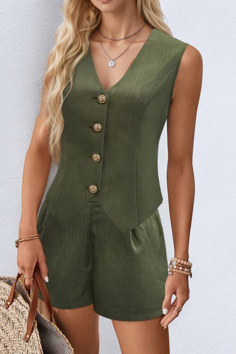 CWSTB2136_SOLID V-NECK VEST & SHORTS TWO-PIECE SET
