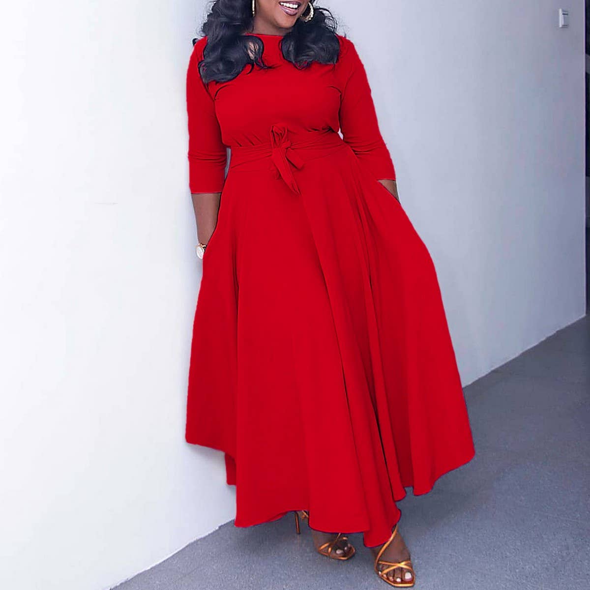 FASHIONABLE AND ELEGANT LACE-UP PLUS SIZE DRESS_CWDMD3654