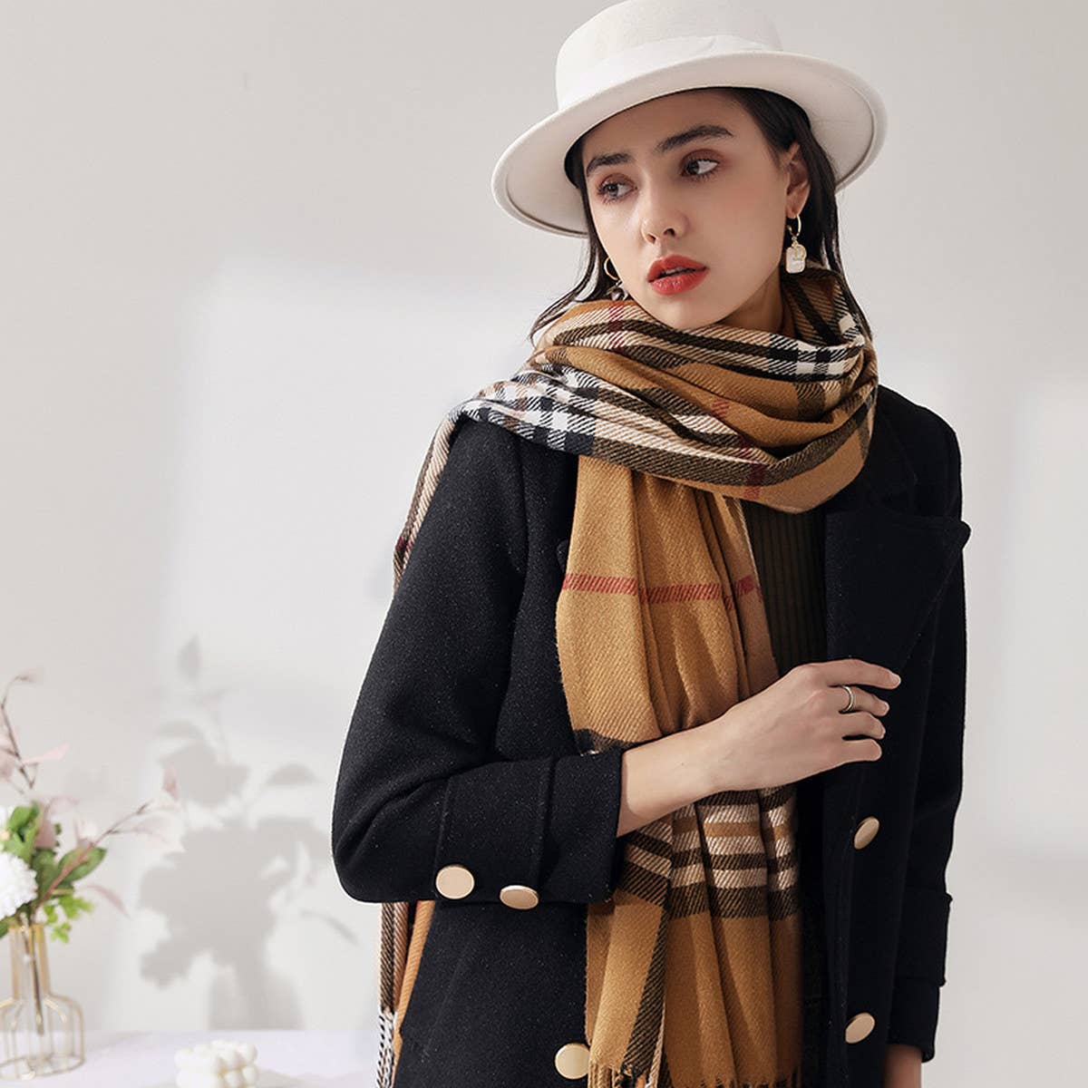 Plaid Faux Cashmere Scarf - Sweet Mid-Length Wrap_CWASC0190