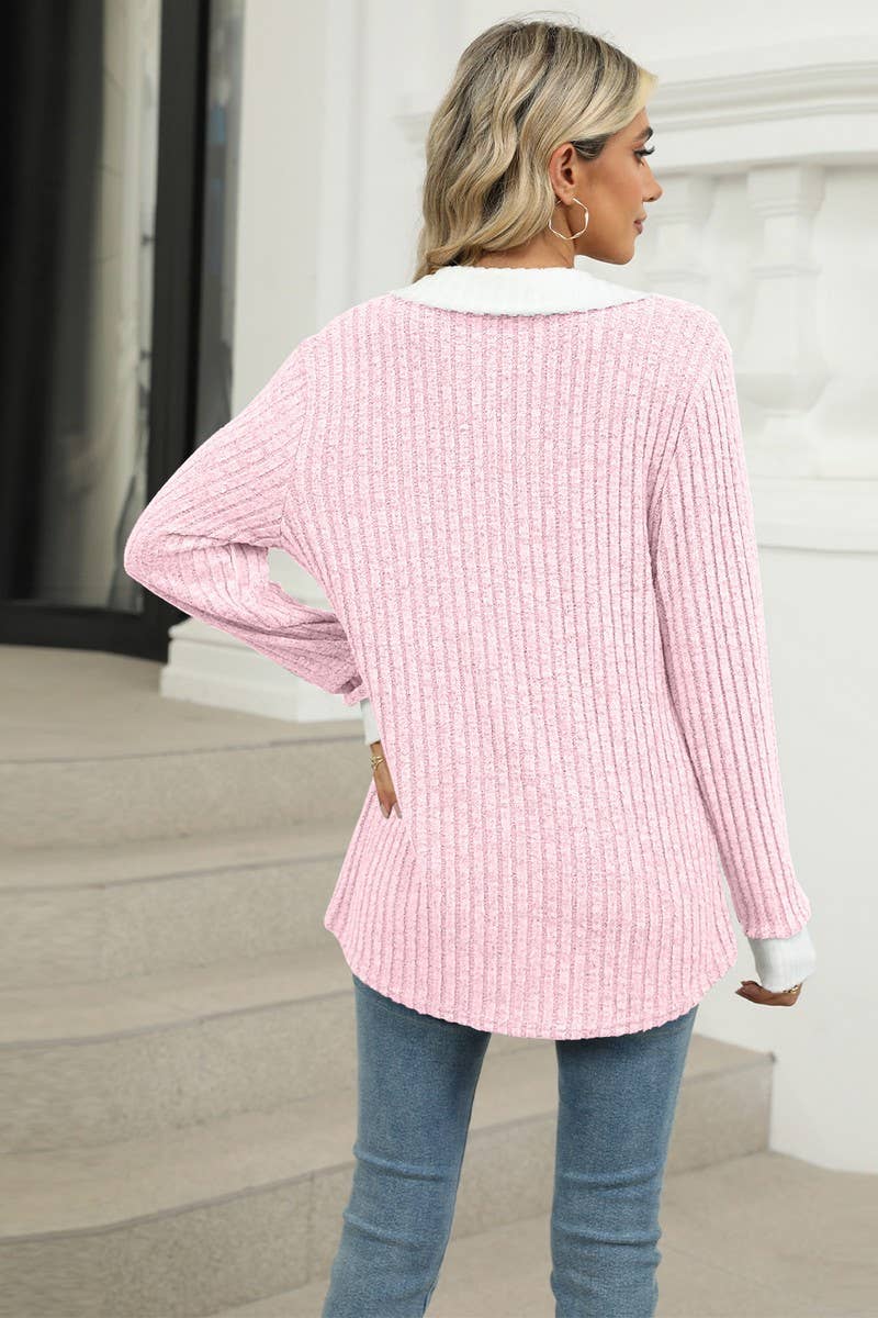 CWTBLL1874_CONTRAST COLOR LAPEL LONG SLEEVE LOOSE TOP