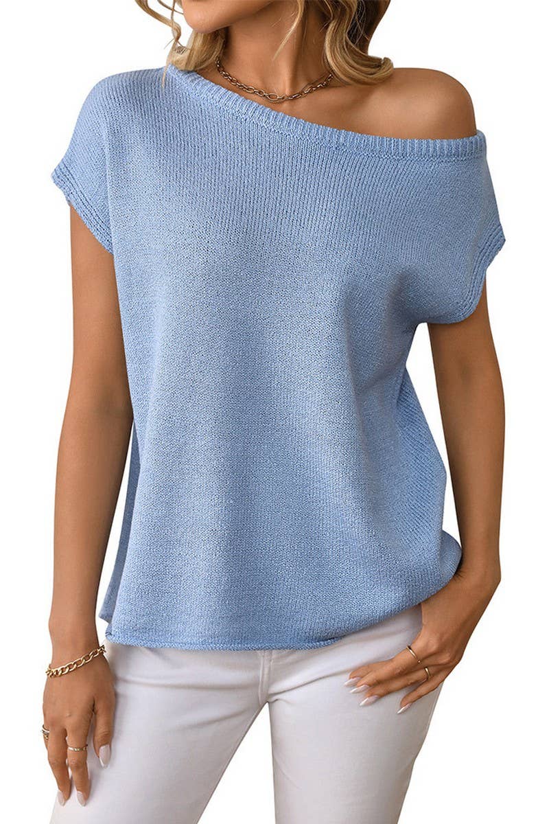 CWOSWS0129_SOLID COLOR KNITTED SHORT-SLEEVED PULLOVER TOP