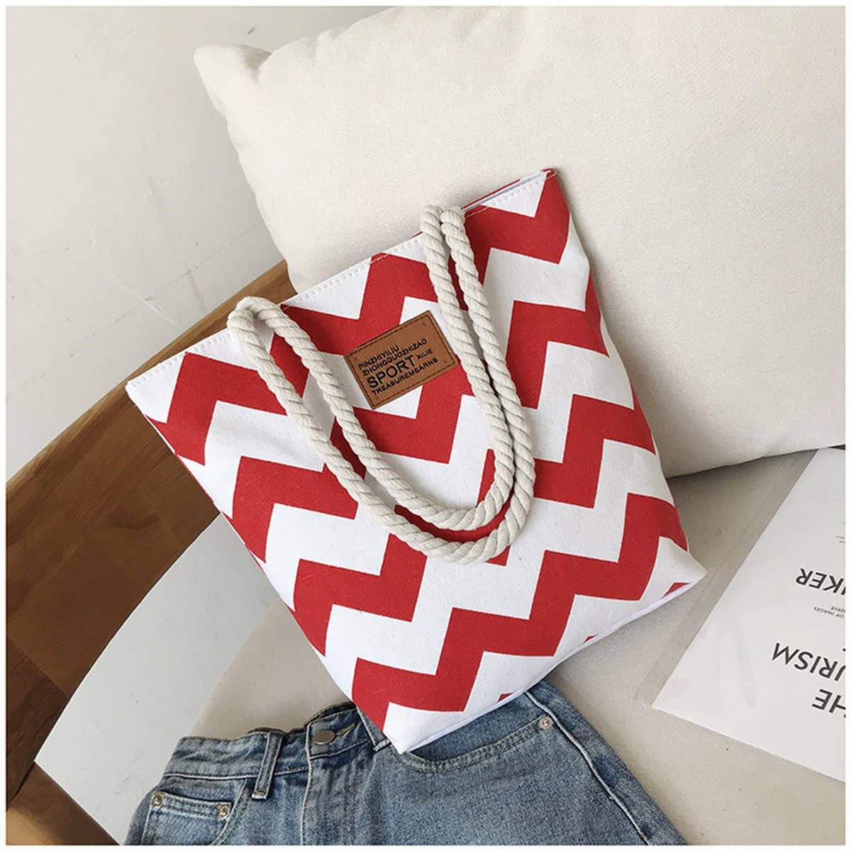 WAVE STRIPE CONTRAST COLOR SINGLE SHOULDER TOTE BAG_CWAB1709