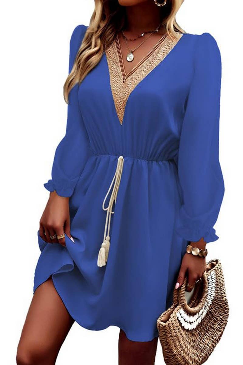 CWDSD7204_NEW LANTERN SLEEVE LACE TASSEL BELT DRESS