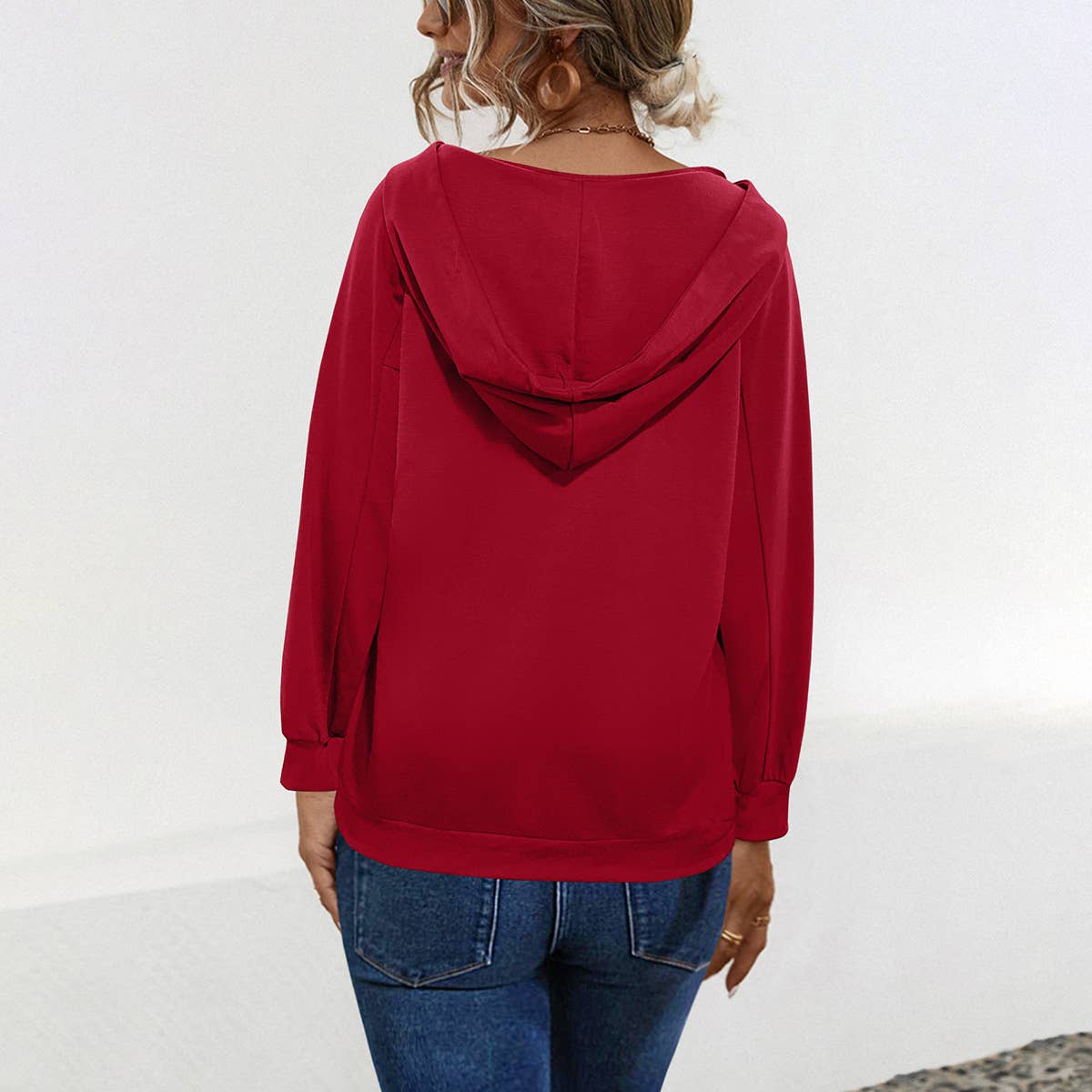 CORNS LACE-UP SOLID COLOR HOODED CASUAL HOODIE