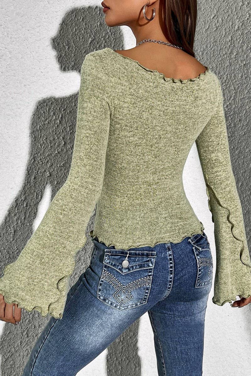 CWTBLL2730_SOLID COLOR FRAYED EDGE CROPPED FLARED SLEEVE TOP
