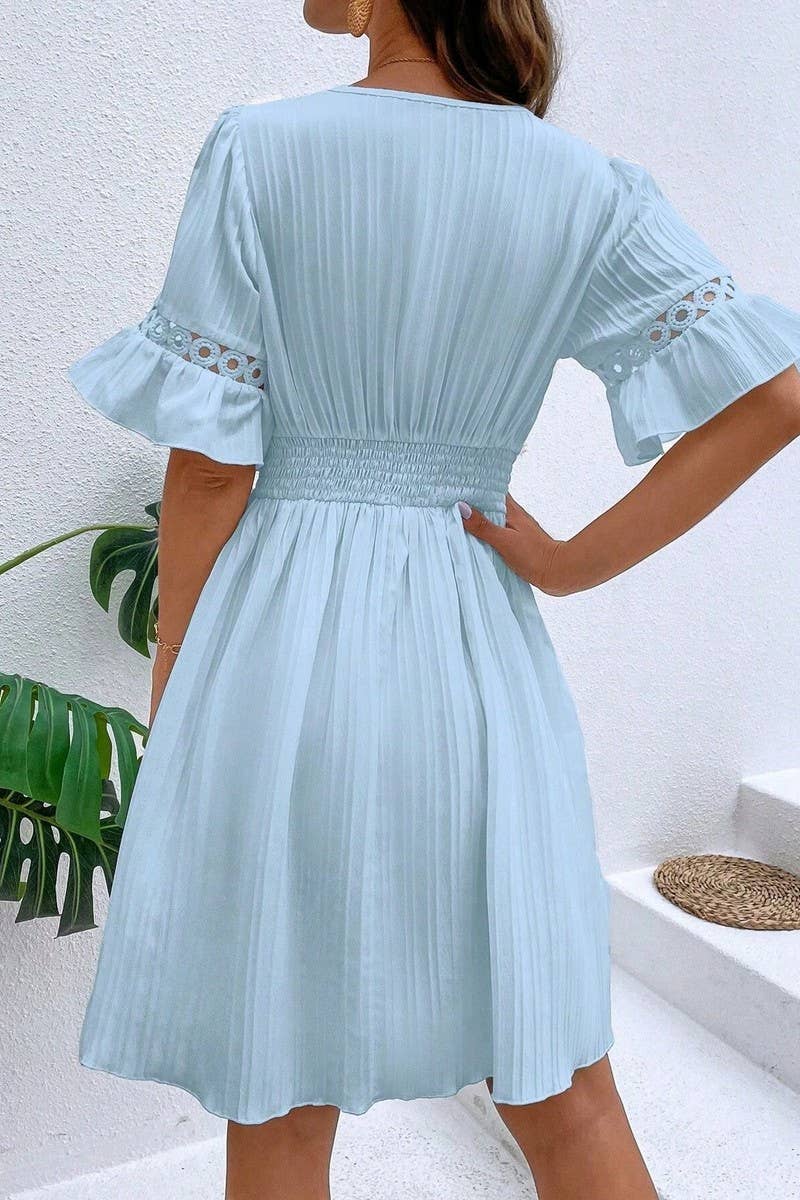 CWDSD7521_SUMMER LACE STYLISH WAIST SOLID COLOR DRESS