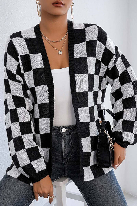 CWOSWL07333_WOMEN BLOCK CHECKERED KNIT CARDIGAN