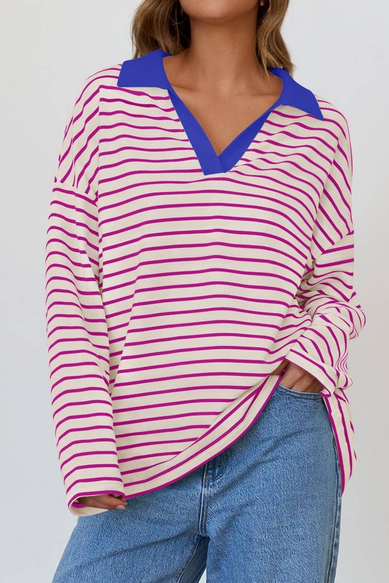 CWTBLL1811_LAPEL STRIPED V-NECK LOOSE SWEATSHIRT